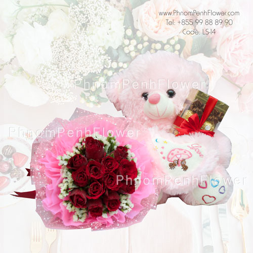 Roses bouquet with bear & Chocolate – LS-14