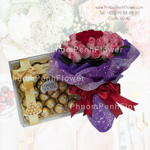 36 Pink & Red Roses bouquet with Chocolate