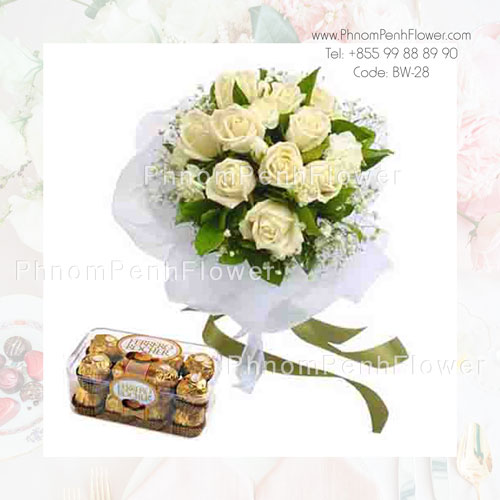 A Dozen white rose bouquet with Chocolate – BW-28