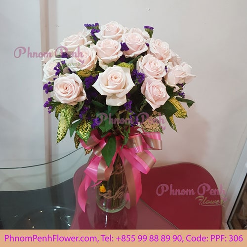 24 pink roses in glass vase, PPF-306