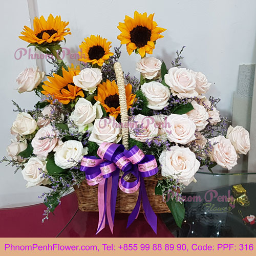 PPF-316 Sunflower mixed with pink rose basket
