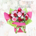 24 red & pink roses in glass vase