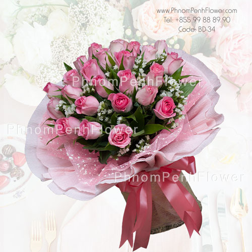 Bouquet of two dozen pink roses
