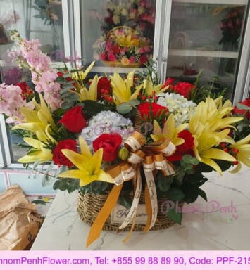 Bright - Red Roses & Yellow Lilies Basket