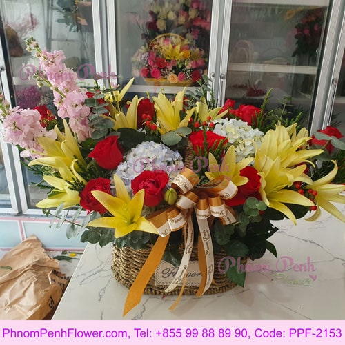 Bright - Red Roses & Yellow Lilies Basket