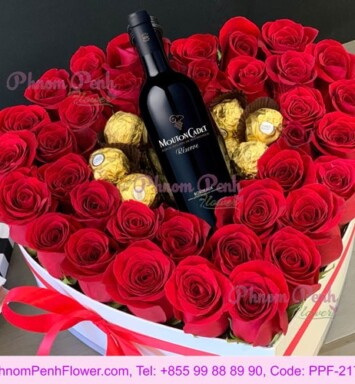 Gift heart box with rose, chocolate & wine