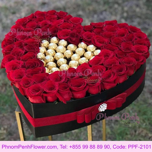 Heart Box with Roses and Chocolate flower box