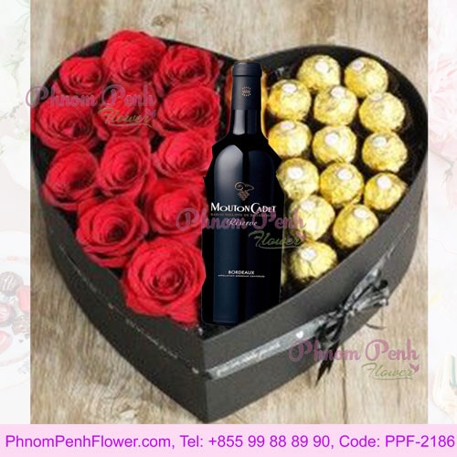Heart shape of wine, rose & chocolate