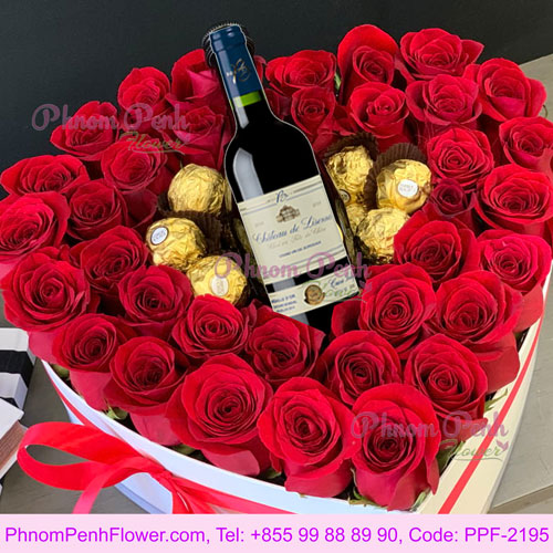 Gift heart box with rose, chocolate & Red wine