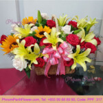 lily mixed with rose & Sunflower basket