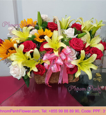 lily mixed with rose & Sunflower basket