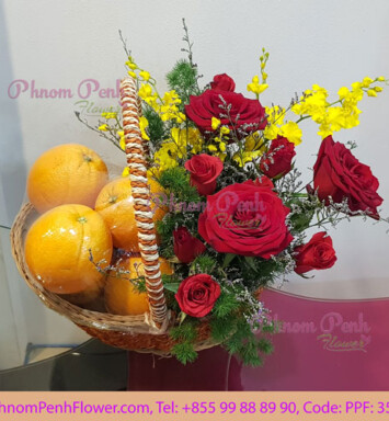 Orange with red rose basket