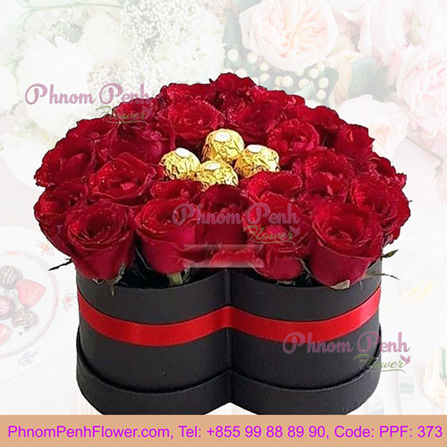 Red Roses with ferrero in heart box