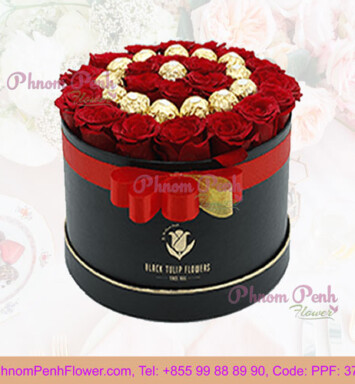 Red Roses in Round Box with Chocolate