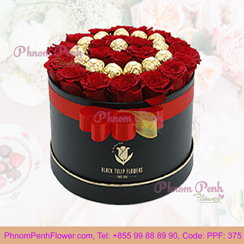 Red Roses in Round Box with Chocolate