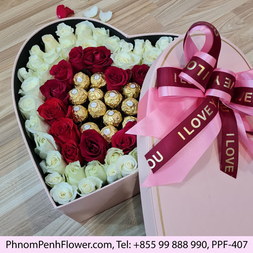 Heart Box with Roses and Chocolates flower box