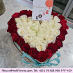 Red & White rose in heart box