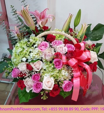 Pink lily mixed with rose basket