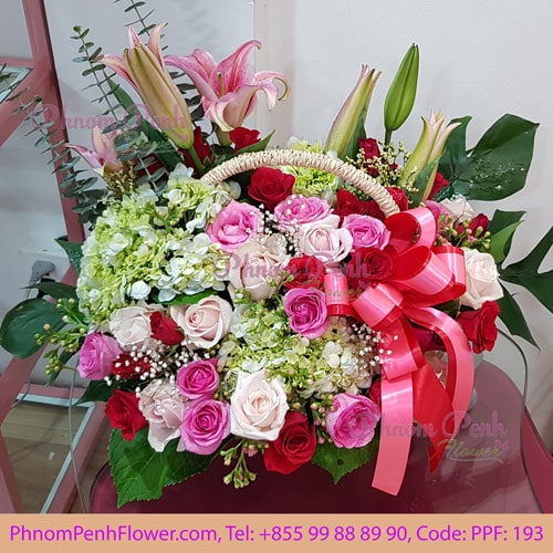 Pink lily mixed with rose basket
