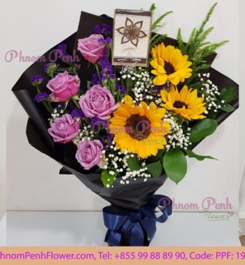 Sunflower with Purple rose bouquet