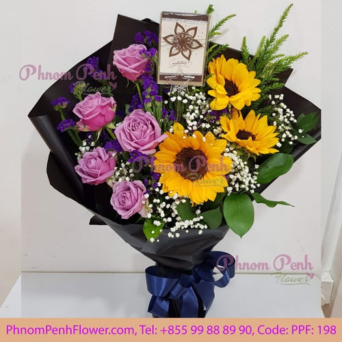 Sunflower with Purple rose bouquet