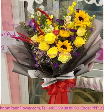 Sunflower with yellow rose bouquet - PPF-226