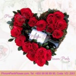 Red Roses with wine in heart box