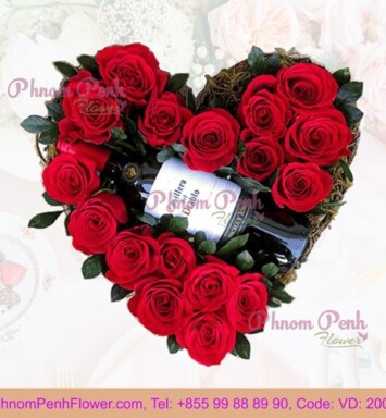 Red Roses with wine in heart box