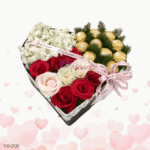 heart shaped gift box with rose & chocolate