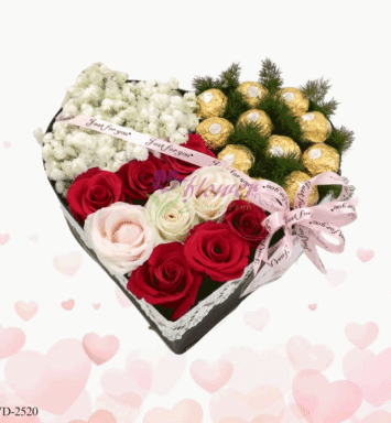heart shaped gift box with rose & chocolate