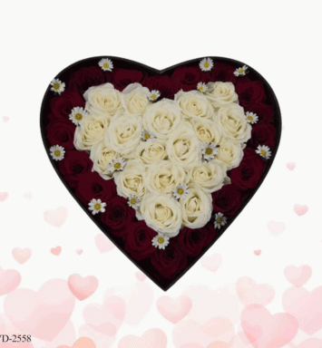 Heart shape white and red rose in box