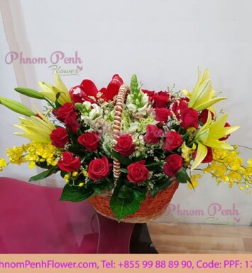 Yellow lily & Red Rose basket