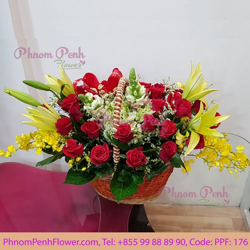 Yellow lily & Red Rose basket