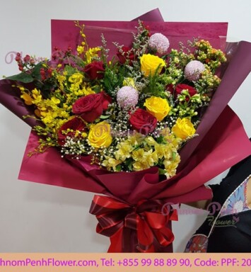 Yellow orchid with mixed rose bouquet - PPF-202